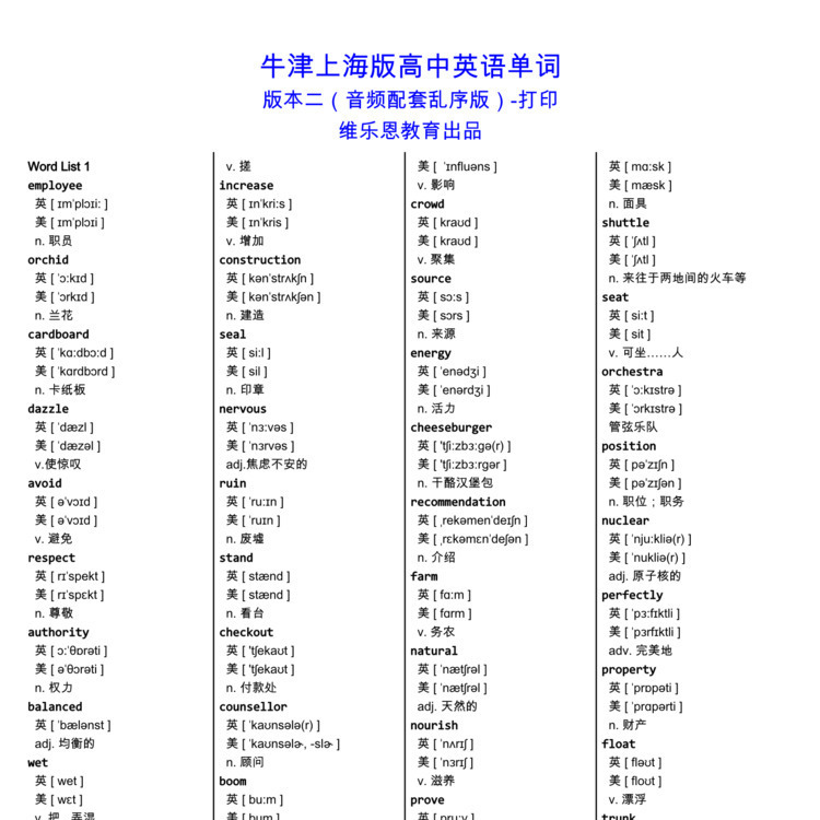 牛津上海版高中英语单词中英例句读音字幕默写正序乱序电子版
